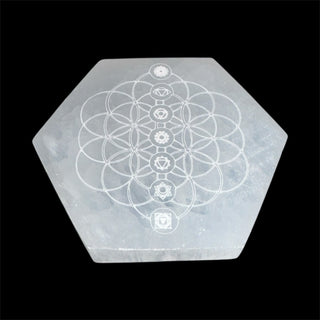 Selenite ~ Hexagonal plate with chakras and flower of life